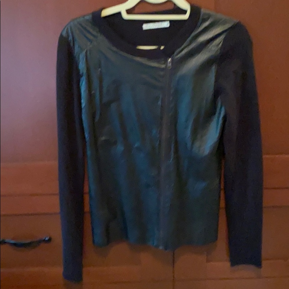 Black zipper front sweater jacket- faux leather